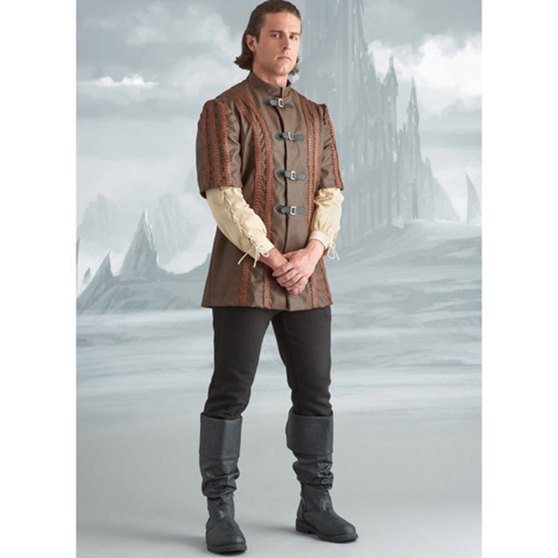 May include: A brown medieval tunic with tan sleeves and black trousers. The tunic features decorative vertical brown panels and three black buckles. The outfit is completed with black knee-high boots. The background shows a fantasy castle.