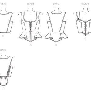 May include: Line drawings of four different corset designs, each showing front and back views. Corsets A and B have a square neckline, while C and D have a sweetheart neckline. All corsets feature lacing details and varying strap styles.