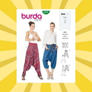 May include: A sewing pattern from Burda Style, featuring two women modeling harem pants. The pattern includes instructions for sizes EUR 32-46 and US 6-20. The pants are shown in red and blue fabrics.