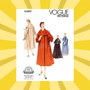 May include: Vogue Patterns sewing pattern featuring illustrations of vintage coats and capes. The pattern includes a red double-breasted coat, a cream-colored coat, a black cape, and a blue cape. The pattern is a reissue of a 1955 design.