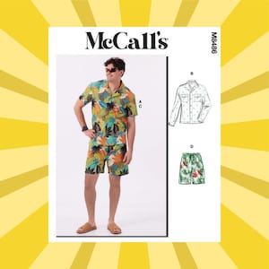 May include: McCall's sewing pattern for a matching shirt and shorts set. The set features a colorful tropical leaf print. The pattern includes a long-sleeved shirt option. The model is wearing the shirt and shorts.