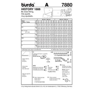 May include: A sewing pattern by Burda, model 7880, featuring close-fitting designs. The pattern includes size charts in inches and yards, fabric requirements, and diagrams for various garment components. Includes interfacing and ring tape.