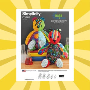 May include: Simplicity C5461 sewing pattern for a patchwork teddy bear. The image shows two finished bears, one with a split design and the other with a rainbow-colored head. The pattern includes instructions for a one-size bear. The text "RARE science" is also visible.