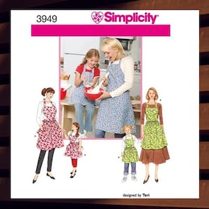 May include: Simplicity sewing pattern number 3949 for making aprons. The pattern includes four different apron designs: a red heart-shaped apron, a blue floral apron, a green floral apron, and a yellow floral apron. The pattern is designed by Teri.