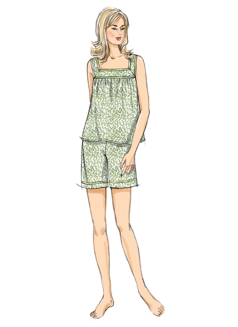 May include: Illustration of a woman in a two-piece pyjama set. The top is a tank style with a square neckline and the shorts have an elasticated waistband. The pyjamas are white with a green abstract pattern and green trim.