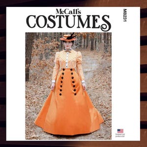 May include: McCall's Costumes sewing pattern for a vintage-style dress with a long orange skirt, a striped white and yellow blouse, and a black hat with a feather. The pattern number is M8231. The pattern is designed and printed in the USA.