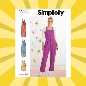 May include: Simplicity pattern S9382 for overalls. The image shows a woman wearing purple overalls and illustrations of overalls in orange, blue, and tan. The pattern includes the text "Simplicity" and "S9382".