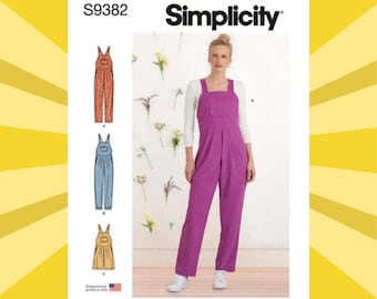 May include: Simplicity pattern S9382 for overalls. The image shows a woman wearing purple overalls and illustrations of overalls in orange, blue, and tan. The pattern includes the text "Simplicity" and "S9382".