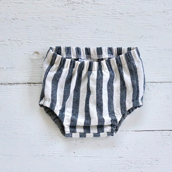 Navy Blue & Cream Striped Linen Bloomers | Dark Blue Baby Girl Diaper Cover | Infant Summer Linen Outfit | Nappy Cover | Vertical Striped