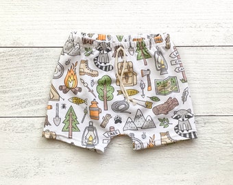 Camping Baby Shorts | Woodland Toddler Infant Shorties | Hiking Outdoors Shorts | Summer Camp Bummies | Baby Boy Shorts