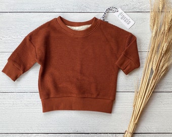 Toddler Burnt Sienna Rust Waffle Pullover Crewneck | Organic Knit Baby Sweatshirt |  Child Long Sleeve Shirt | Kid Fall Outfit