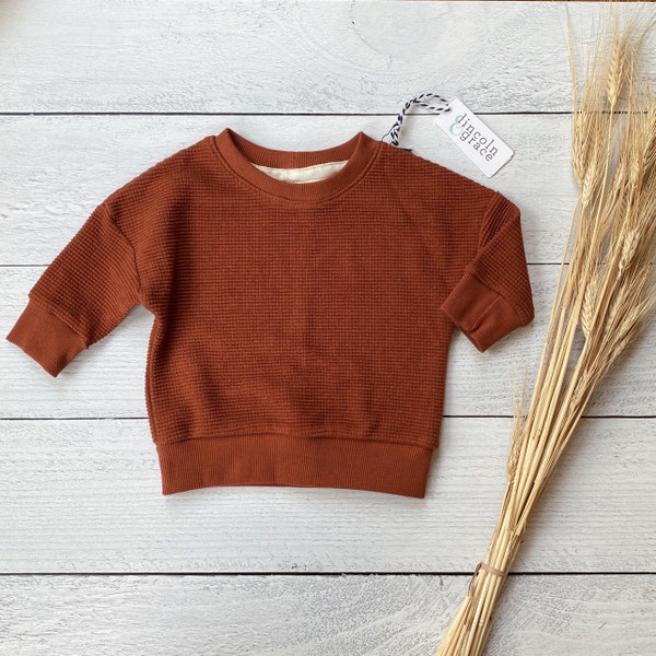 Toddler Burnt Sienna Rust Waffle Pullover Crewneck | Organic Knit Baby Sweatshirt |  Child Long Sleeve Shirt | Kid Fall Outfit