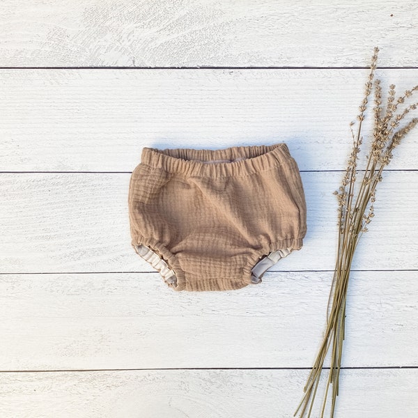 Taupe Double Gauze Bloomers | Baby Girl Diaper Cover | Infant Summer Muslin Outfit | Nappy Cover | Under Dress Shorts