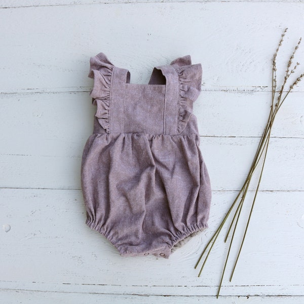 Dusty Lavender Linen Baby Romper | Infant Tank Top Bodysuit | Light Purple Button Back Toddler Dress | Girl Summer Fall Outfit | Baby Outfit