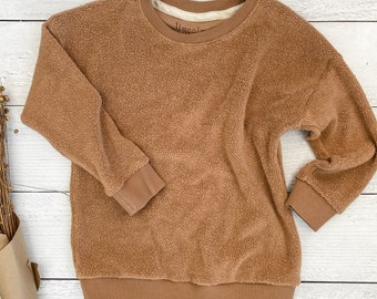 Toddler Maple Sherpa Pullover Crewneck | Organic Knit Brown Baby Sweatshirt | Fuzzy Child Long Sleeve Shirt | Kid Fall Outfit | Winter Top