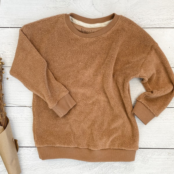 Toddler Maple Sherpa Pullover Crewneck | Organic Knit Brown Baby Sweatshirt | Fuzzy Child Long Sleeve Shirt | Kid Fall Outfit | Winter Top