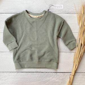 Toddler Green Soft Moss Waffle Pullover Crewneck | Organic Knit Baby Sweatshirt |  Child Long Sleeve Shirt | Kids Fall Outfit