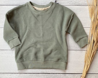Toddler Green Soft Moss Waffle Pullover Crewneck | Organic Knit Baby Sweatshirt |  Child Long Sleeve Shirt | Kids Fall Outfit
