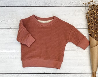 Toddler Pink Fig Waffle Pullover Crewneck | Organic Knit Baby Sweatshirt |  Child Long Sleeve Shirt | Kid Fall Outfit