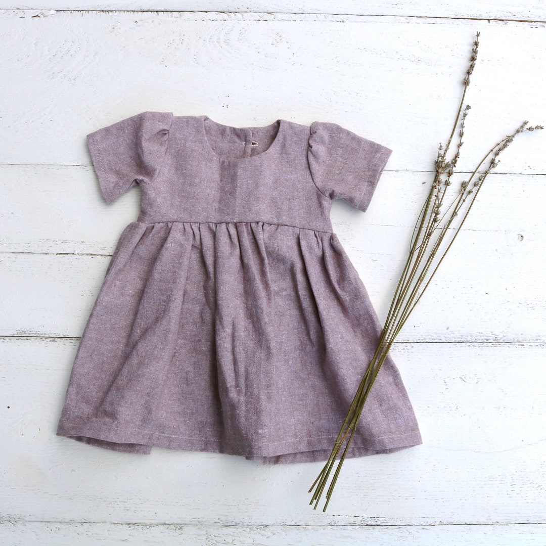 Dusty Lavendar Purple Linen Baby Dress Infant Sleeved Dress Button