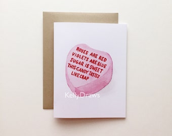 Candy Hearts Greeting Card Handlettered Watercolor Painting Funny Valentine's Day