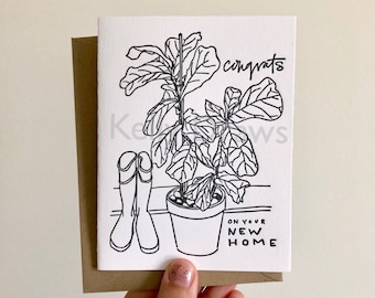 Congrats on Your New Home Fiddle Leaf Fig Houseplant Rainboots Letterpress Greeting Card Congratulations On Your Move New House