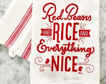 Red Beans and Rice and Everything Nice Tea Towel Dish Towel Kitchen Linens Red and Ivory Striped Kelly Draws