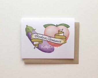 Modern Romance Greeting Card Eggplant Peach Emoji Handlettered Watercolor Painting Funny Couple Valentine’s
