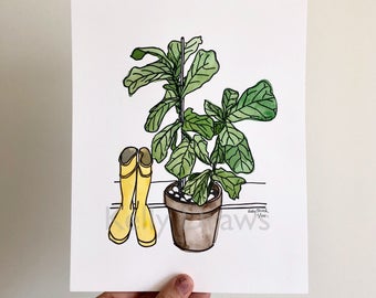 Fiddle Leaf Fig Houseplant Rainboots Watercolor Painting Letterpress Print Welcome Home Housewarming Plant Art