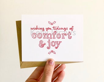 Wishing You Tidings of Comfort and Joy Christmas Card Holiday Holly Letterpress Greeting Card
