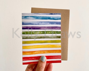 Rainbow Happy Birthday Colorful Watercolor Digital Print Pride Greeting Card
