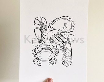 Seafood Seasons Letterpress Print Black and White Shrimp Oyster Crab Crawfish Gulf Coast Louisiana New Orleans Food Culture Kitchen Art