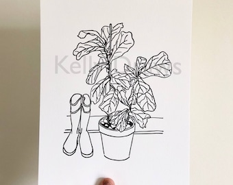 Fiddle Leaf Fig Houseplant Rainboots Letterpress Print Black and White Welcome Home Housewarming Plant Art