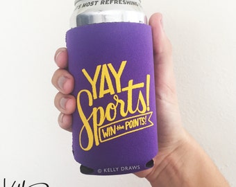 Purple and Gold Neoprene "Yay Sports! Win The Points!" Beverage Insulator Can Cooler Football Team Spirit