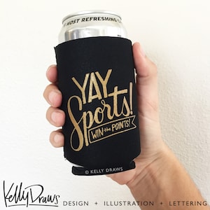 Black and Gold Neoprene &quot;Yay Sports! Win The Points!&quot;  Beverage Insulator Can Cooler Football Team Spirit