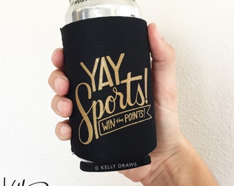 Black and Gold Neoprene "Yay Sports! Win The Points!"  Beverage Insulator Can Cooler Football Team Spirit