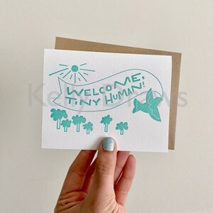 Welcome Tiny Human Congratulations New Baby Seafoam Mint Letterpress Greeting Card