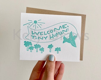 Welcome Tiny Human Congratulations New Baby Seafoam Mint Letterpress Greeting Card