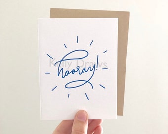 Hooray Yay Woo Celebrate Congratulations Blue Letterpress Greeting Card