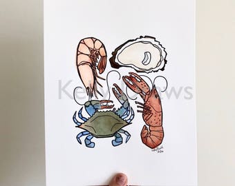 Seafood Seasons Watercolor Painting Letterpress Print Shrimp Oyster Crab Crawfish Gulf Coast Louisiana New Orleans Food Kitchen Art