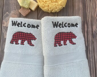 Embroidered Bear Hand Towel Set: Plaid Cabin Decor