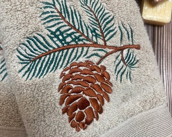 Embroidered Pinecone Hand Towel Set: Taupe Cotton Cabin Decor