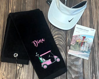 Personalized Black Golf Towel: Embroidered Golf Cart, Ladies Golfer Gift