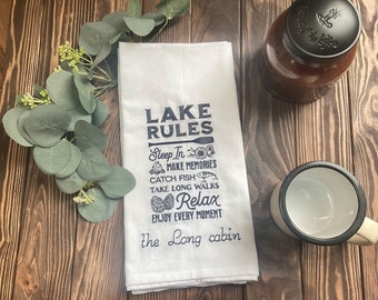 Lake Rules Embroidered Kitchen Towel, Personalized Lake house kitchen towel, Personalized hostess gift, Personalized Lake house gift