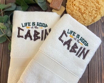 Embroidered Cabin Hand Towel Set: Ivory Cotton Decorative Towels