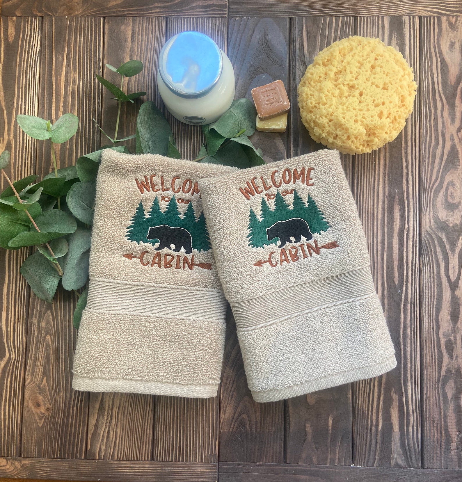 Welcome to the Cabin Hand Towel Set, Taupe Embroidered Hand Towel Set ...