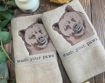 Wash your paws Peeking Bear embroidered bathroom hand towel, Bear themed gift, cabin gift, hostess gift, cabin decor