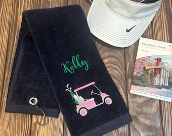 Personalized Golf Towel: Embroidered Navy Terry Velour with Golf Cart