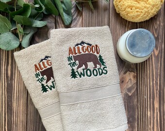 Embroidered Bear Hand Towel Set: Taupe Cabin Decor