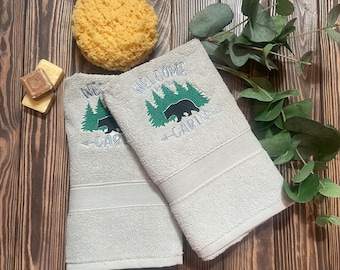 Embroidered Bear Hand Towel Set: Gray Cabin Bathroom Decor